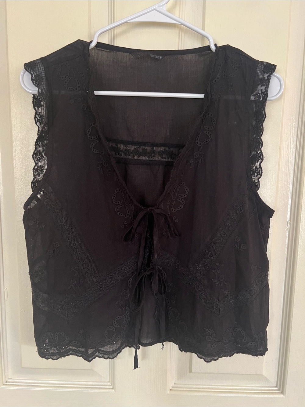 Zara Black Embroidered Lace Tie Front Sheer Boho Vest Top M